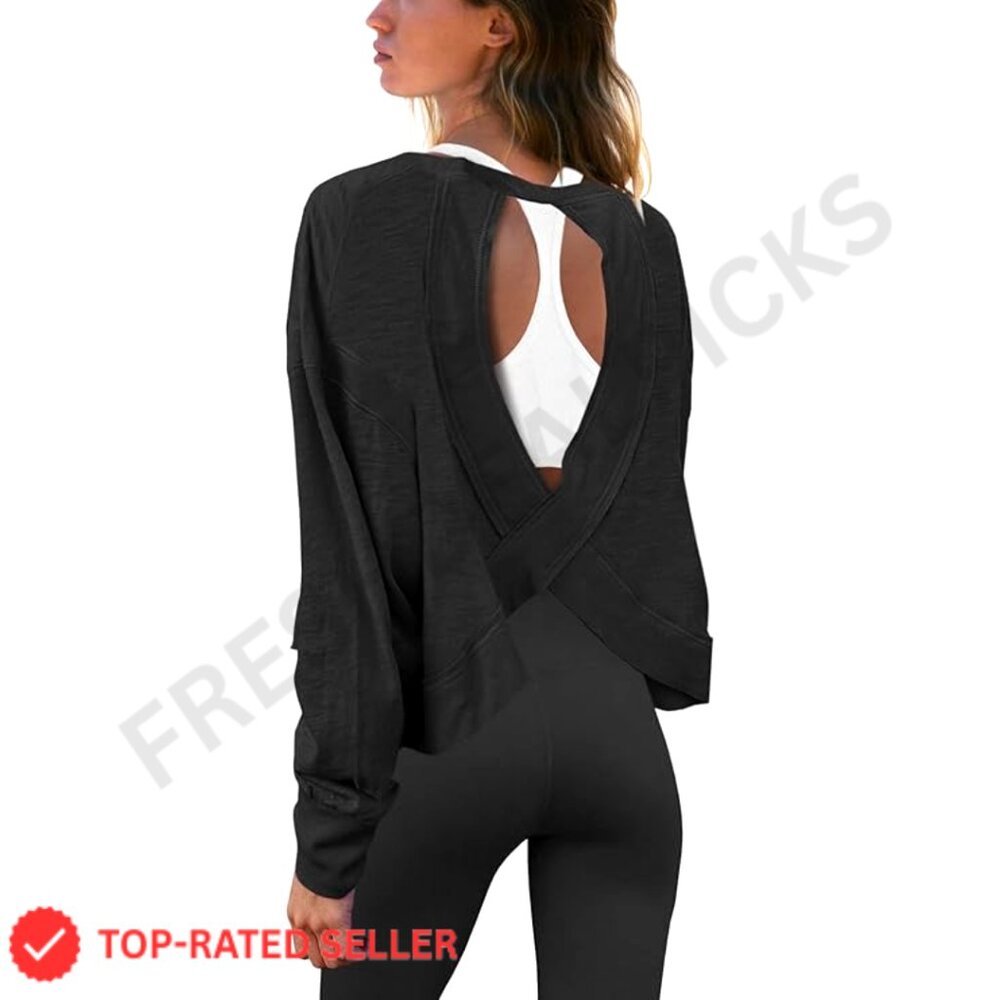 Oversized Open Back Crop Top Long Sleeve Y2K Athletic Shirt Casual Workout Tee